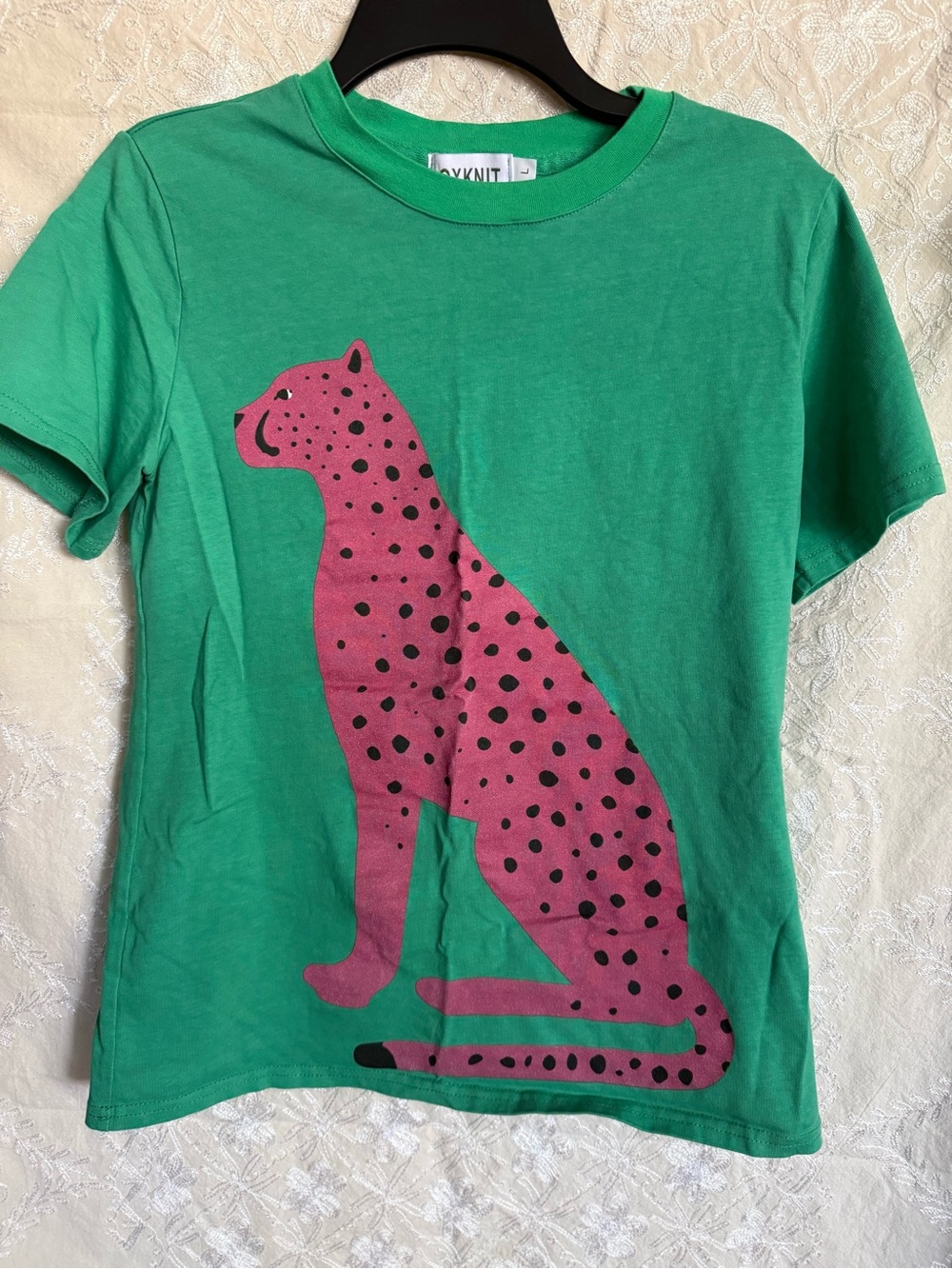 Oxknit Green Graphic Tee with Pink Cheetah Print